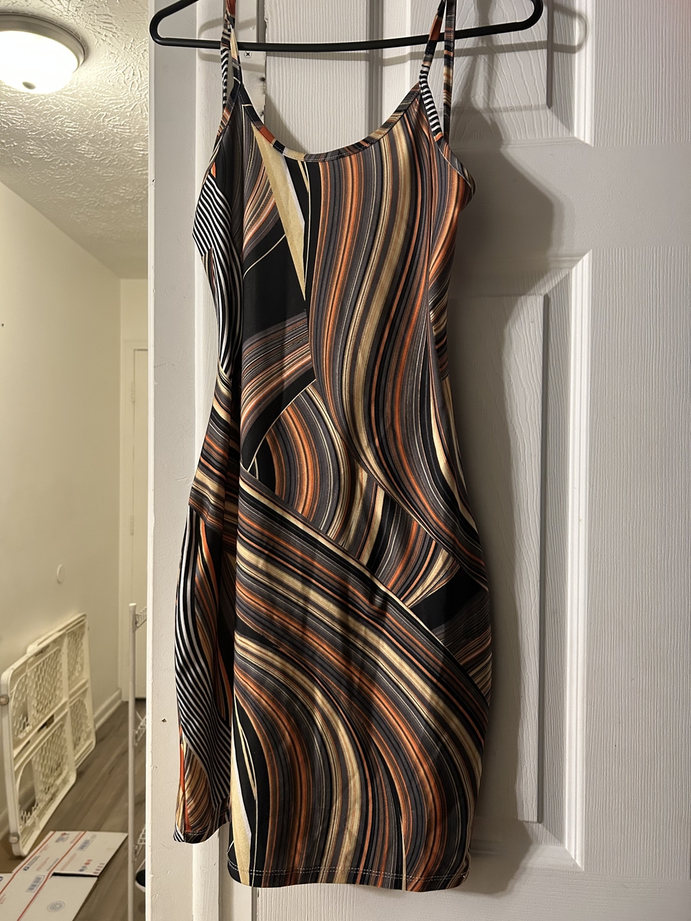 Almost Famous Striped Swirl Mini Dress - Black, Brown & Cream